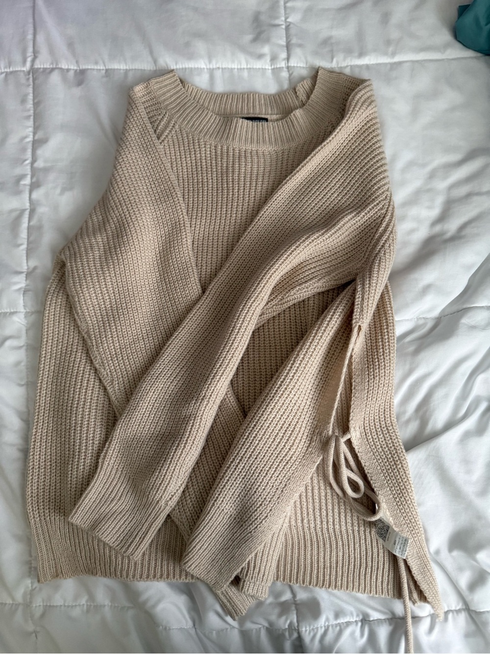 SHEIN Beige Side-Tie Ribbed Crewneck Sweater